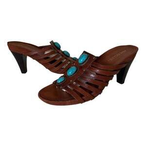 Aerosoles Jewel of Rock Brown Leather Strappy Heeled Mules with Turquoise Stones